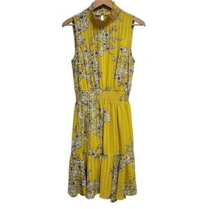 Nanetter Lapore Dress Sz 10 Yellow Floral Striped Sleevless Midi Smocked Party